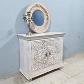 Indian Furniture Solid Mango Wood Floral Carvings 2 Door Cabinet Distresses White